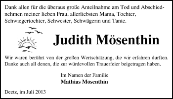 Traueranzeige von Judith Mösenthin von Mitteldeutsche Zeitung