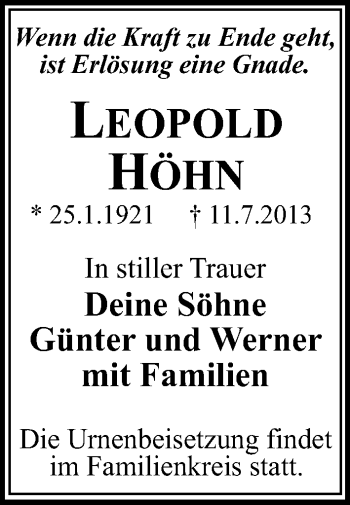 Traueranzeige von Leopold Höhn von Mitteldeutsche Zeitung Halle/Saalkreis