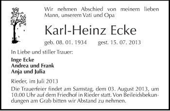 Traueranzeige von Karl-Heinz Ecke von Mitteldeutsche Zeitung Quedlinburg