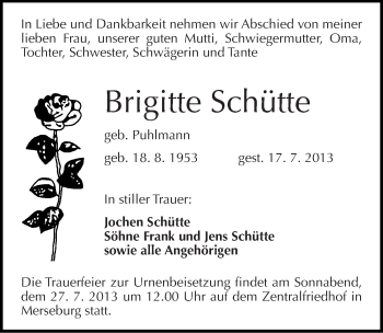 Traueranzeige von Brigitte Schütte von Mitteldeutsche Zeitung Merseburg/Querfurt