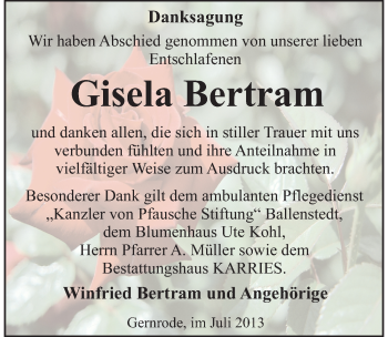 Traueranzeige von Gisela Bertram von Mitteldeutsche Zeitung Quedlinburg