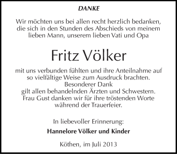 Traueranzeige von Fritz Völker von Mitteldeutsche Zeitung Köthen