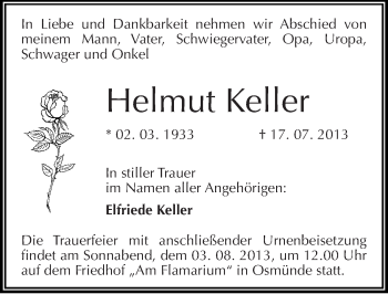 Traueranzeige von Helmut Keller von Mitteldeutsche Zeitung Halle/Saalkreis