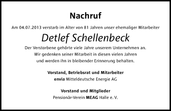 Traueranzeige von Detlef Schellenbeck von Mitteldeutsche Zeitung Halle/Saalkreis