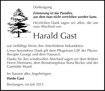 Traueranzeige von Harald Gast von Mitteldeutsche Zeitung Sangerhausen