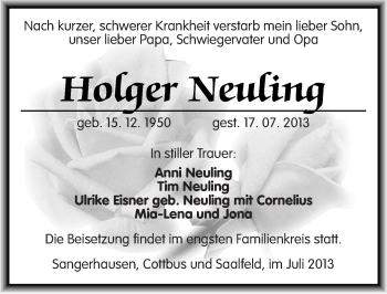 Traueranzeige von Holger Neuling von Mitteldeutsche Zeitung Sangerhausen