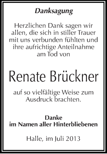 Traueranzeige von Renate Brückner von Mitteldeutsche Zeitung Halle/Saalkreis