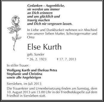 Traueranzeige von Else Kurth von Mitteldeutsche Zeitung Mansfelder Land