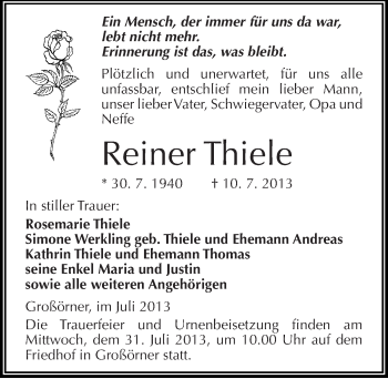 Traueranzeige von Reiner Thiele von Mitteldeutsche Zeitung Mansfelder Land