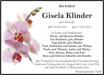 Traueranzeige von Gisela Klinder von Mitteldeutsche Zeitung Quedlinburg