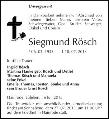 Traueranzeige von Siegmund Rösch von Mitteldeutsche Zeitung Sangerhausen