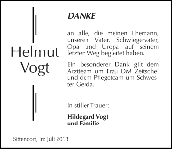 Traueranzeige von Helmut Vogt von Mitteldeutsche Zeitung Sangerhausen