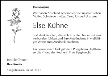 Traueranzeige von Else Kühne von Mitteldeutsche Zeitung Sangerhausen