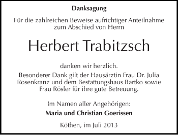 Traueranzeige von Herbert Trabitzsch von Mitteldeutsche Zeitung Köthen