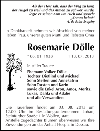 Traueranzeige von Rosemarie Dölle von Mitteldeutsche Zeitung Bitterfeld