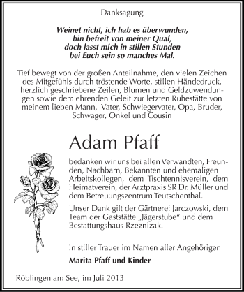 Traueranzeige von Adam Pfaff von Mitteldeutsche Zeitung Mansfelder Land