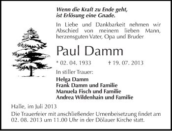 Traueranzeige von Paul Damm von Mitteldeutsche Zeitung Halle/Saalkreis