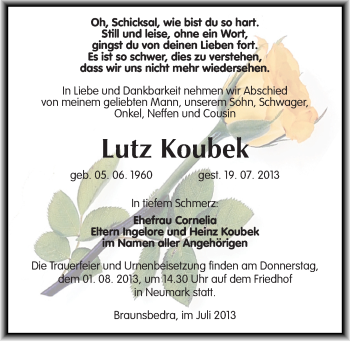Traueranzeige von Lutz Koubek von Mitteldeutsche Zeitung Merseburg/Querfurt