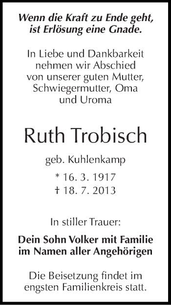 Traueranzeige von Ruth Trobisch von Mitteldeutsche Zeitung Halle/Saalkreis