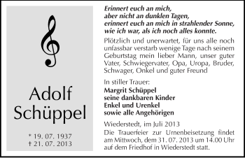 Traueranzeige von Adolf Schüppel von Mitteldeutsche Zeitung Mansfelder Land