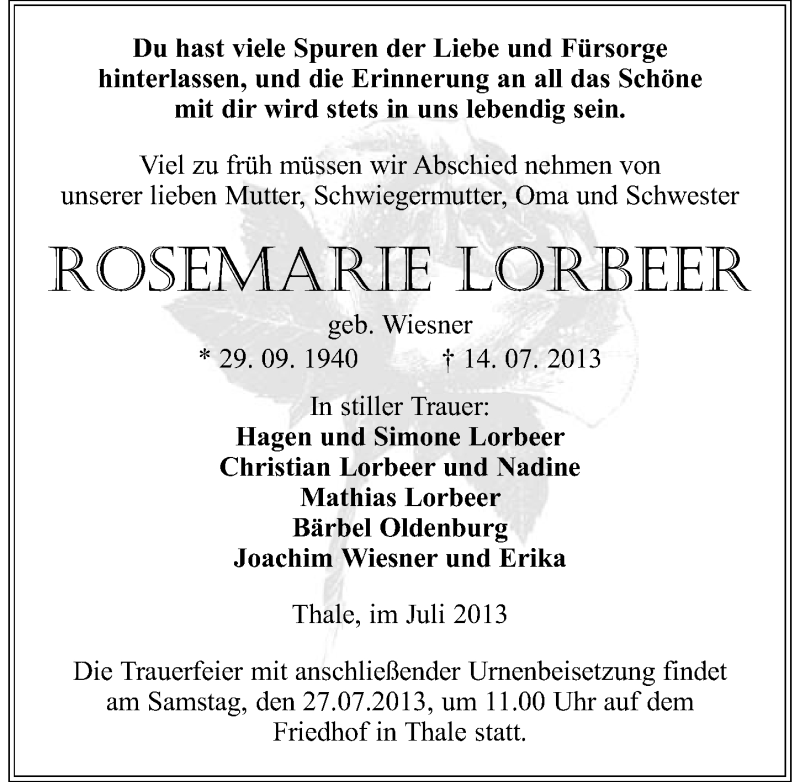 Traueranzeige für Rosemarie Lorbeer vom 23.07.2013 aus Mitteldeutsche Zeitung