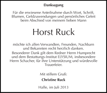 Traueranzeige von Horst Ruck von Mitteldeutsche Zeitung Halle/Saalkreis