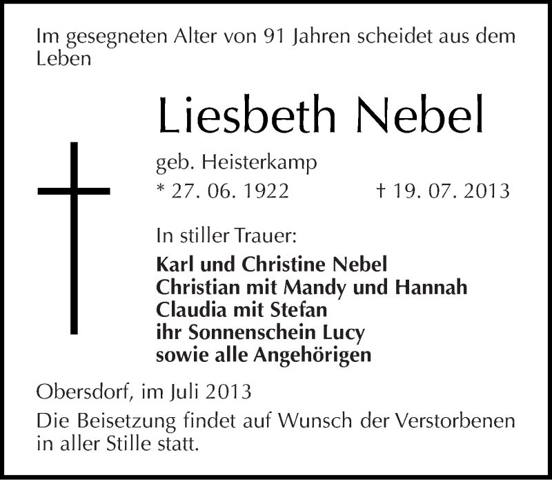  Traueranzeige für Liesbeth Nebel vom 23.07.2013 aus Mitteldeutsche Zeitung Sangerhausen