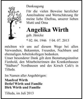 Traueranzeige von Angelika Wirth von Mitteldeutsche Zeitung Sangerhausen