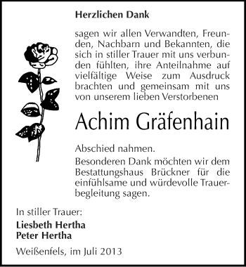 Traueranzeige von Achim Gräfenhain von Mitteldeutsche Zeitung Weißenfels