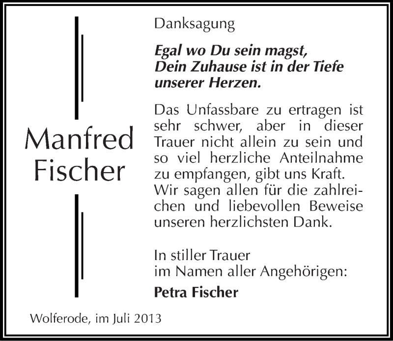  Traueranzeige für Manfred Fischer vom 26.07.2013 aus Mitteldeutsche Zeitung Mansfelder Land
