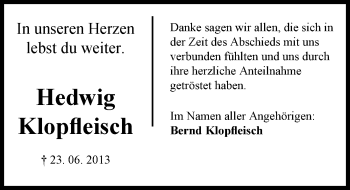 Traueranzeige von Hedwig Klopfleisch von Mitteldeutsche Zeitung Mansfelder Land