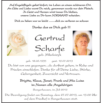 Traueranzeige von Gertrud Scharfe von Mitteldeutsche Zeitung Sangerhausen