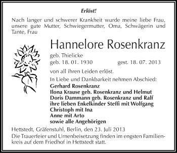 Traueranzeige von Hannelore Rosenkranz von Mitteldeutsche Zeitung Mansfelder Land
