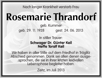 Traueranzeige von Rosemarie Thrandorf von Mitteldeutsche Zeitung Zeitz