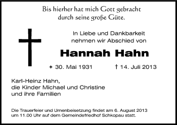 Traueranzeige von Hannah Hahn von Mitteldeutsche Zeitung Merseburg/Querfurt