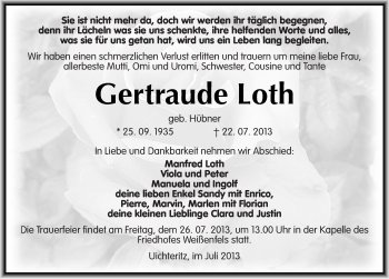 Traueranzeige von Gertraude Loth von Mitteldeutsche Zeitung Weißenfels