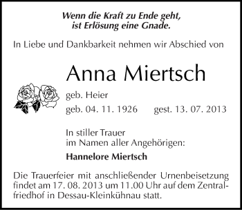 Traueranzeige von Anna Miertsch von Mitteldeutsche Zeitung Dessau-Roßlau