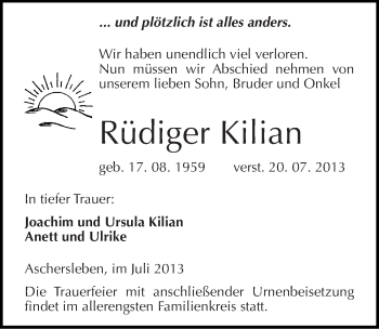 Traueranzeige von Rüdiger Kilian von Mitteldeutsche Zeitung Aschersleben