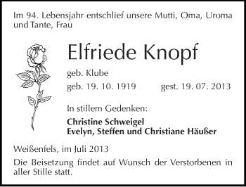 Traueranzeige von Elfriede Knopf von Mitteldeutsche Zeitung Weißenfels