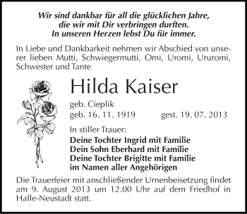 Traueranzeige von Hilda Kaiser von Mitteldeutsche Zeitung Halle/Saalkreis