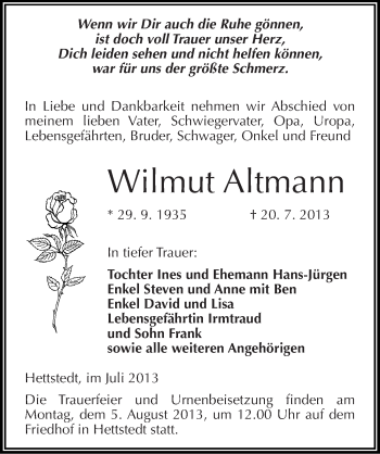 Traueranzeige von Wilmut Altmann von Mitteldeutsche Zeitung Mansfelder Land