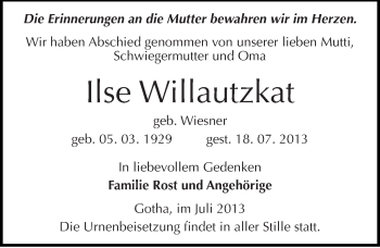 Traueranzeige von Ilse Willautzkat von Mitteldeutsche Zeitung Bitterfeld