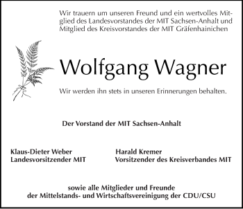 Traueranzeige von Wolfgang Wagner von Mitteldeutsche Zeitung Wittenberg