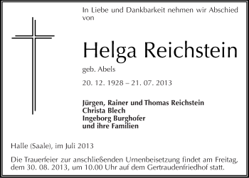 Traueranzeige von Helga Reichstein von Mitteldeutsche Zeitung Halle/Saalkreis