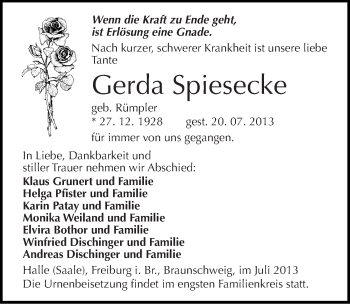 Traueranzeige von Gerda Spiesecke von Mitteldeutsche Zeitung Halle/Saalkreis