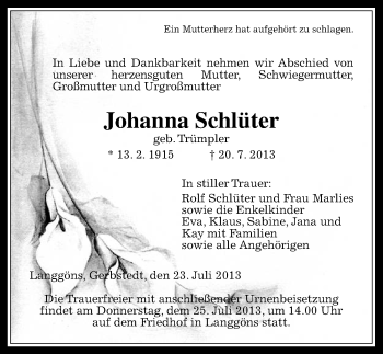 Traueranzeige von Johanna Schlüter von Mitteldeutsche Zeitung Mansfelder Land
