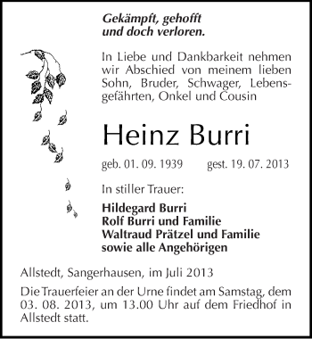 Traueranzeige von Heinz Burri von Mitteldeutsche Zeitung Sangerhausen