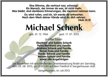 Traueranzeige von Michael Schenk von Mitteldeutsche Zeitung Sangerhausen
