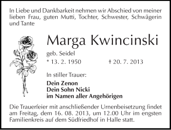 Traueranzeige von Marga Kwincinski von Mitteldeutsche Zeitung Halle/Saalkreis