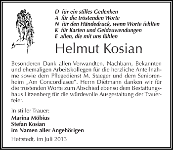 Traueranzeige von Helmut Kosian von Mitteldeutsche Zeitung Mansfelder Land